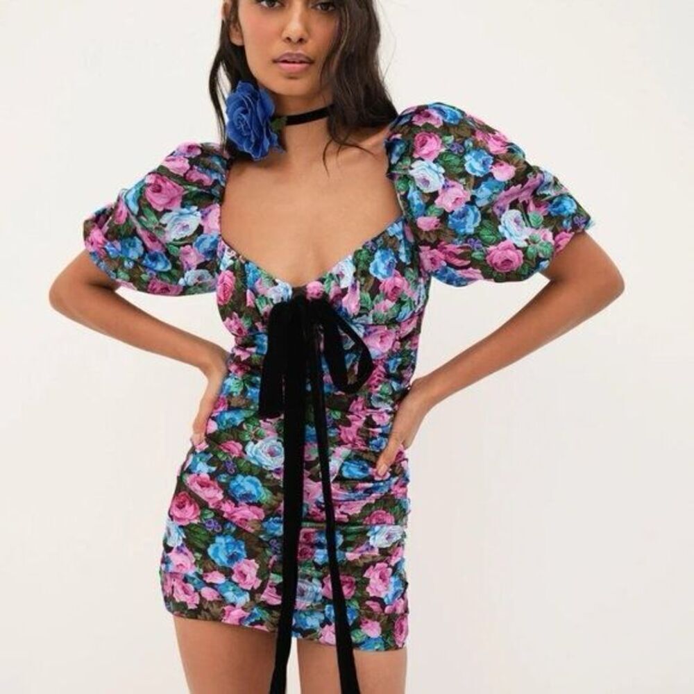 NWT For Love and Lemons Marley Black Floral Mini Dress Size XS $250 MSRP